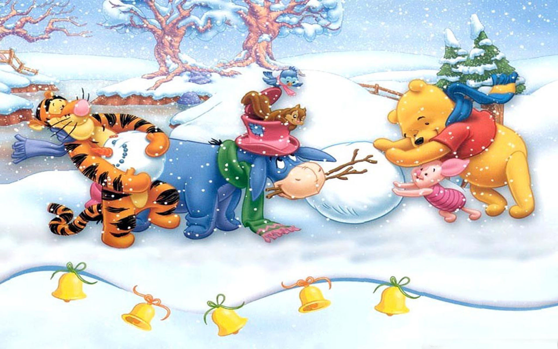 Winnie The Pooh Making Snowman Merry Christmas Hd Wallpaper 1920x1200