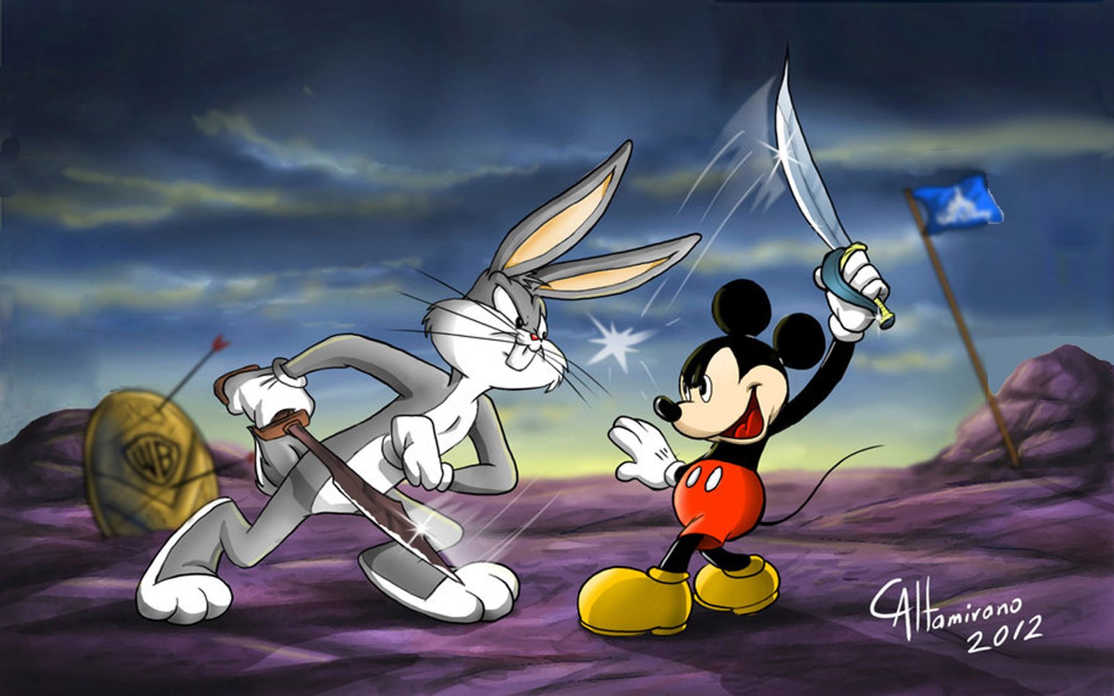 Cartoons Bugs Bunny Mickey Mouse Battle Fencing Game Desktop Wallpaper