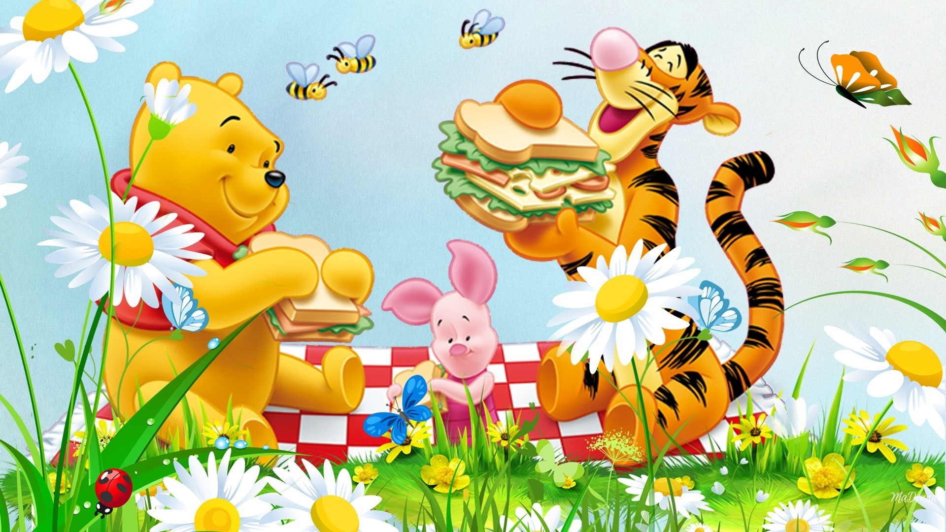 Picnic Flowers Grass Bee Winnie The Pooh Tigger And Piglet Cartoon Hd Wallpapers 1920x1080 Wallpapers13 Com