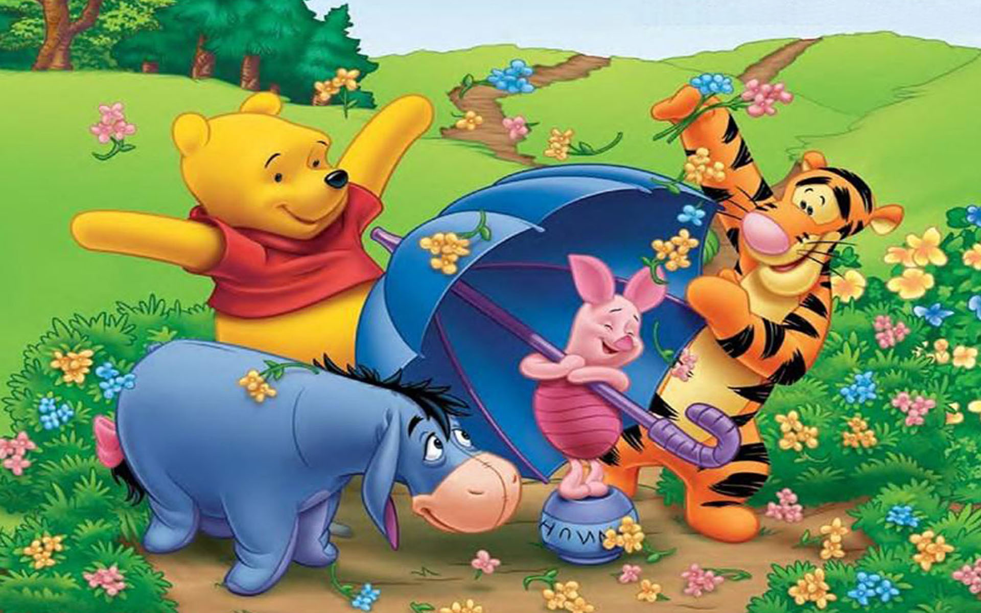 Tigger Eeyore Piglet And Winnie The Pooh Cartoon Spring Garden Flowers  Umbrella Hd Wallpaper For Laptop And Tablet 1920x1200 : 