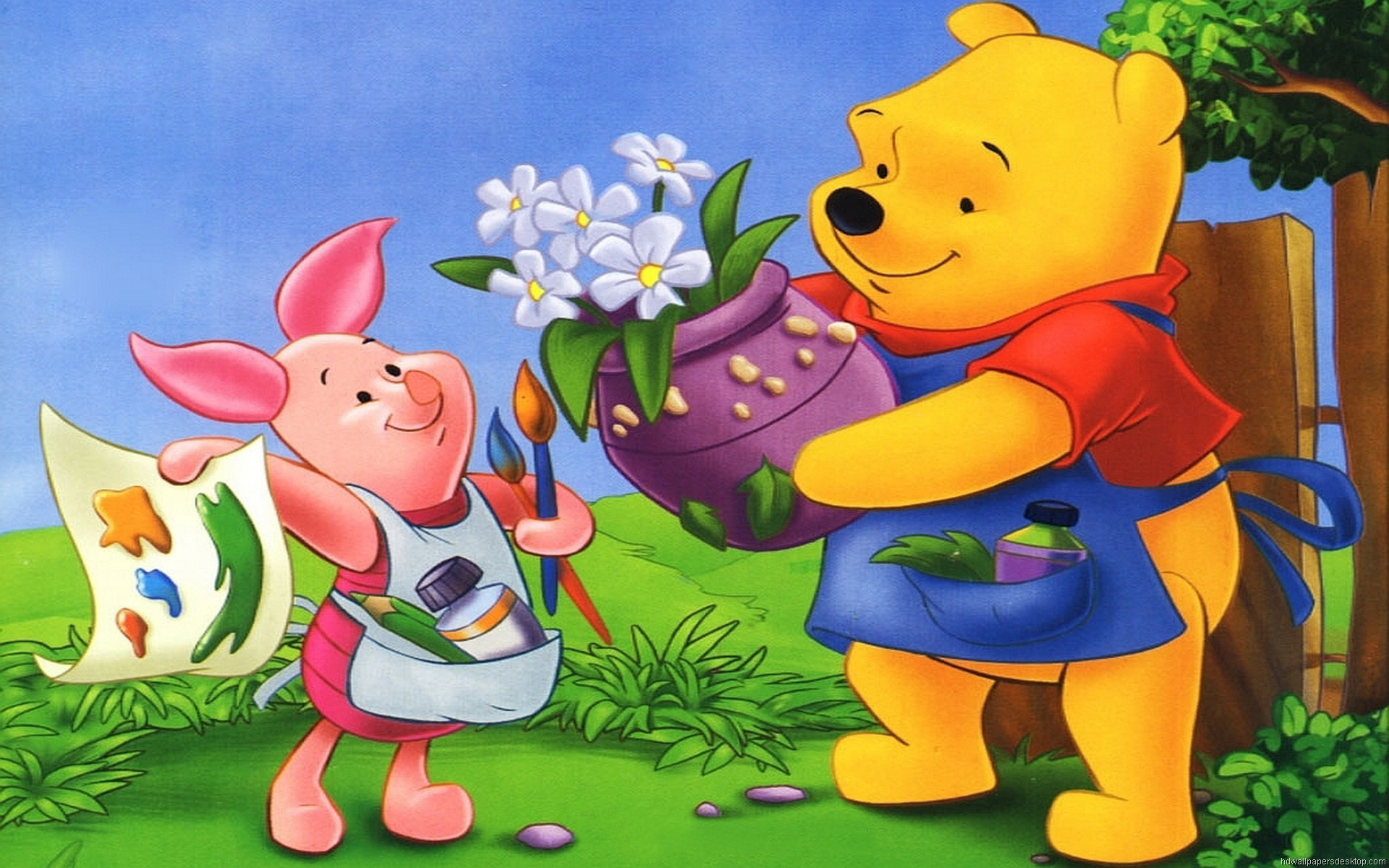 Winnie The Pooh And Piglet Vase With Flowers Wallpapers Hd 1920x1200.
