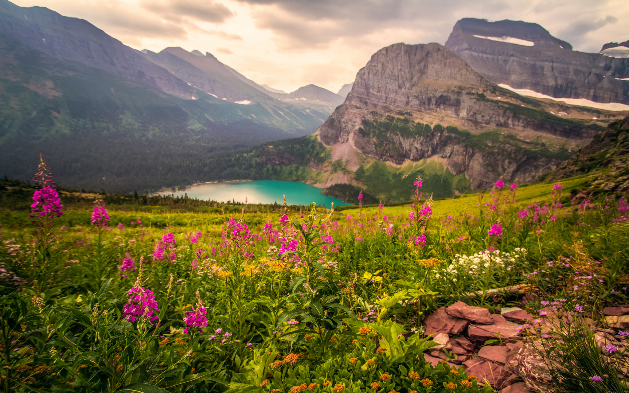 Glacier National Park Usa Awesome Place Rocky Mountain Lake Meadow With