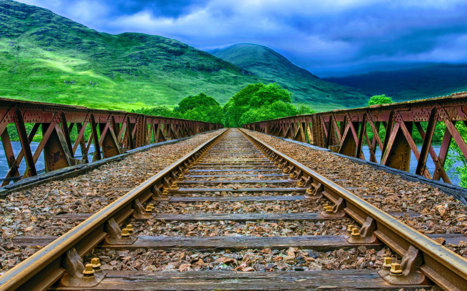 Scottish Railway Track Rail Bridge Fence River Green Mountain Sky Hd