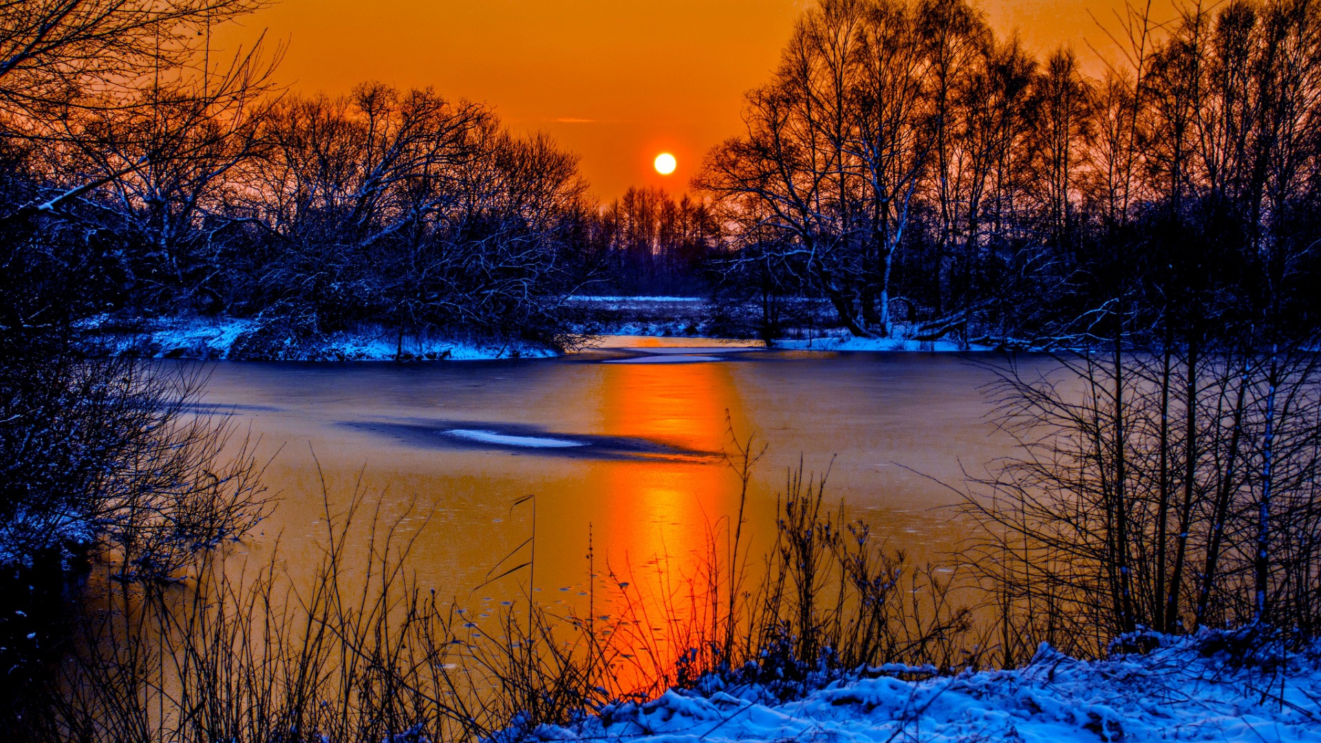 Sunset In Winter Snow River Coast Two Sun Orange Sky Reflection In Water Beautiful Scenario ...
