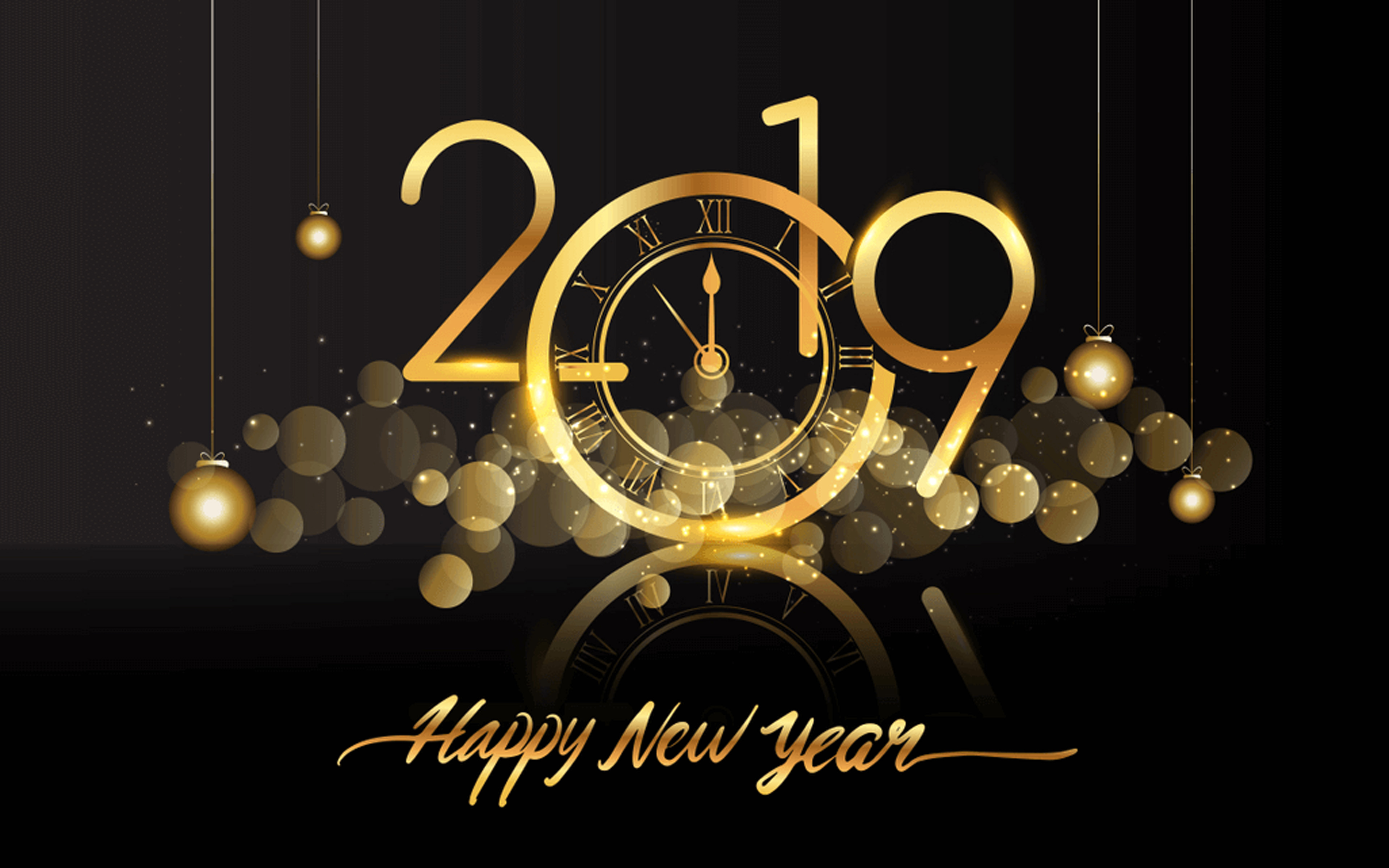 Happy New Year 2019 clock fireworks HD Wallpapers 38400x2400