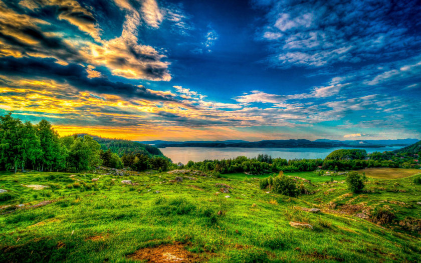 Lakes Trees Green Grass Mountains Clouds Sunset Dusk Wallpaper For ...
