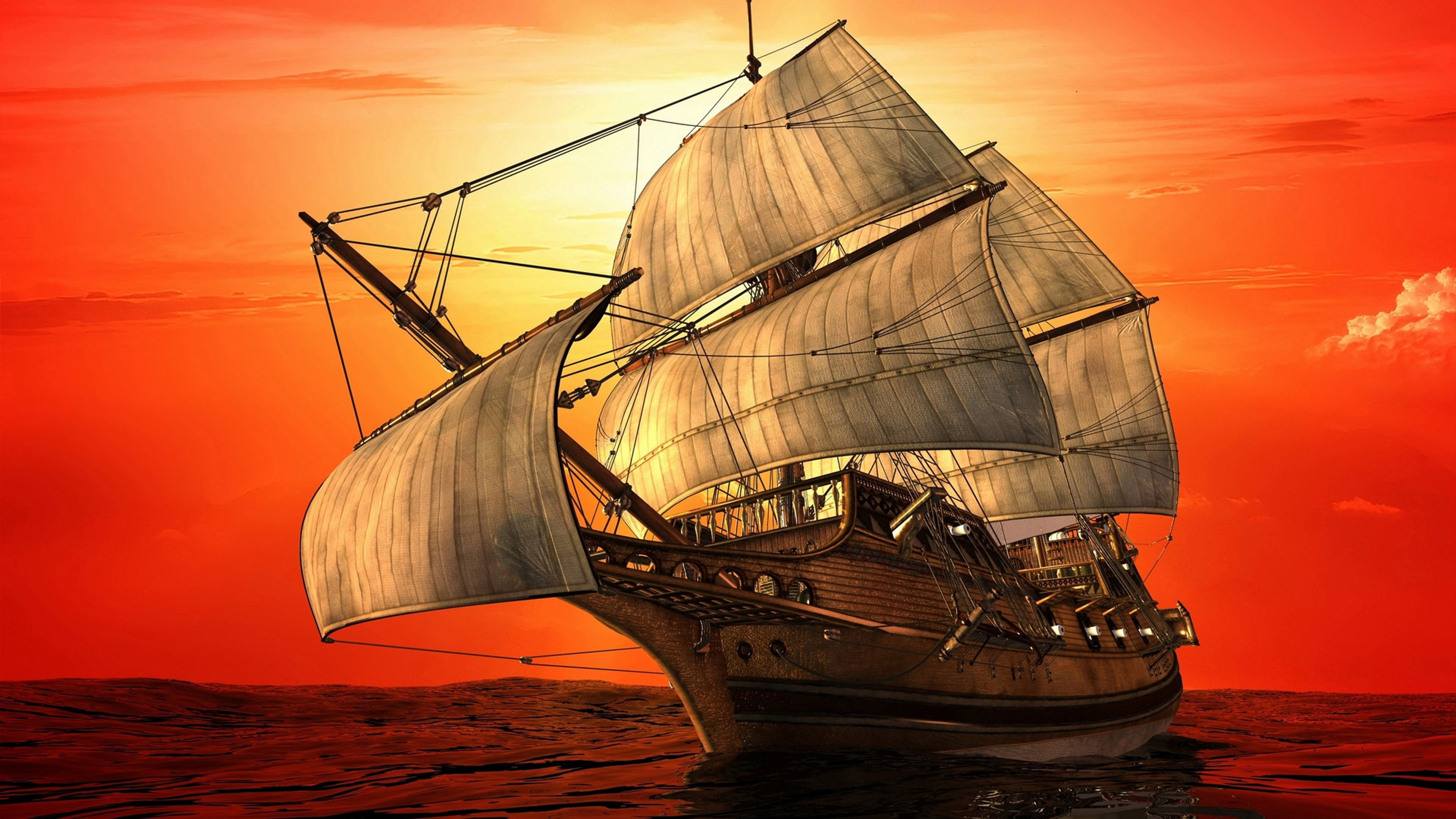 Ship With Sails Sea Sunset Red Sky Ultra Hd 4k Art Wallpapers Hd 3840x2160  : 