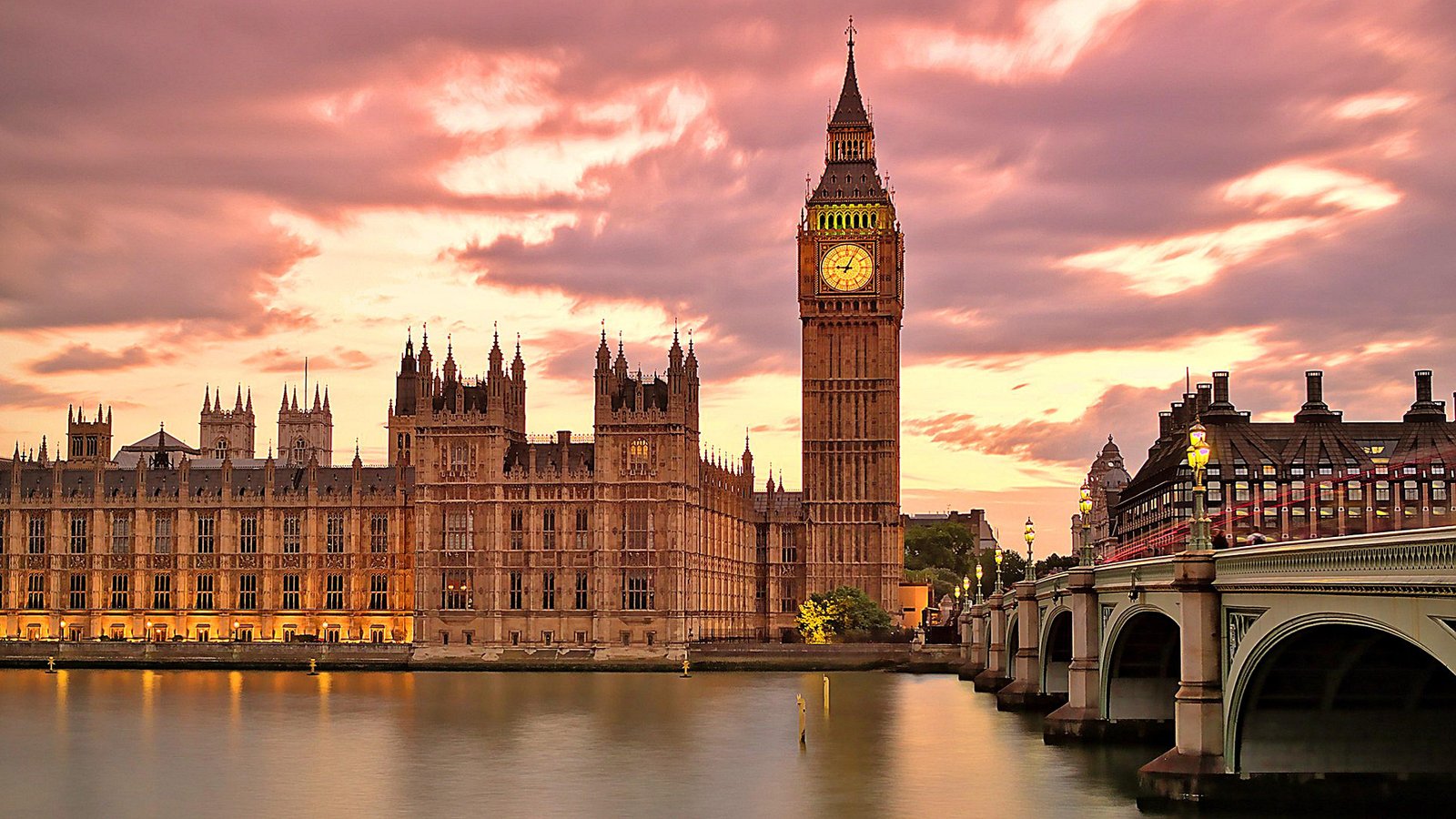 Big Ben Great White Clock In London Palace Westminster Bridge Over