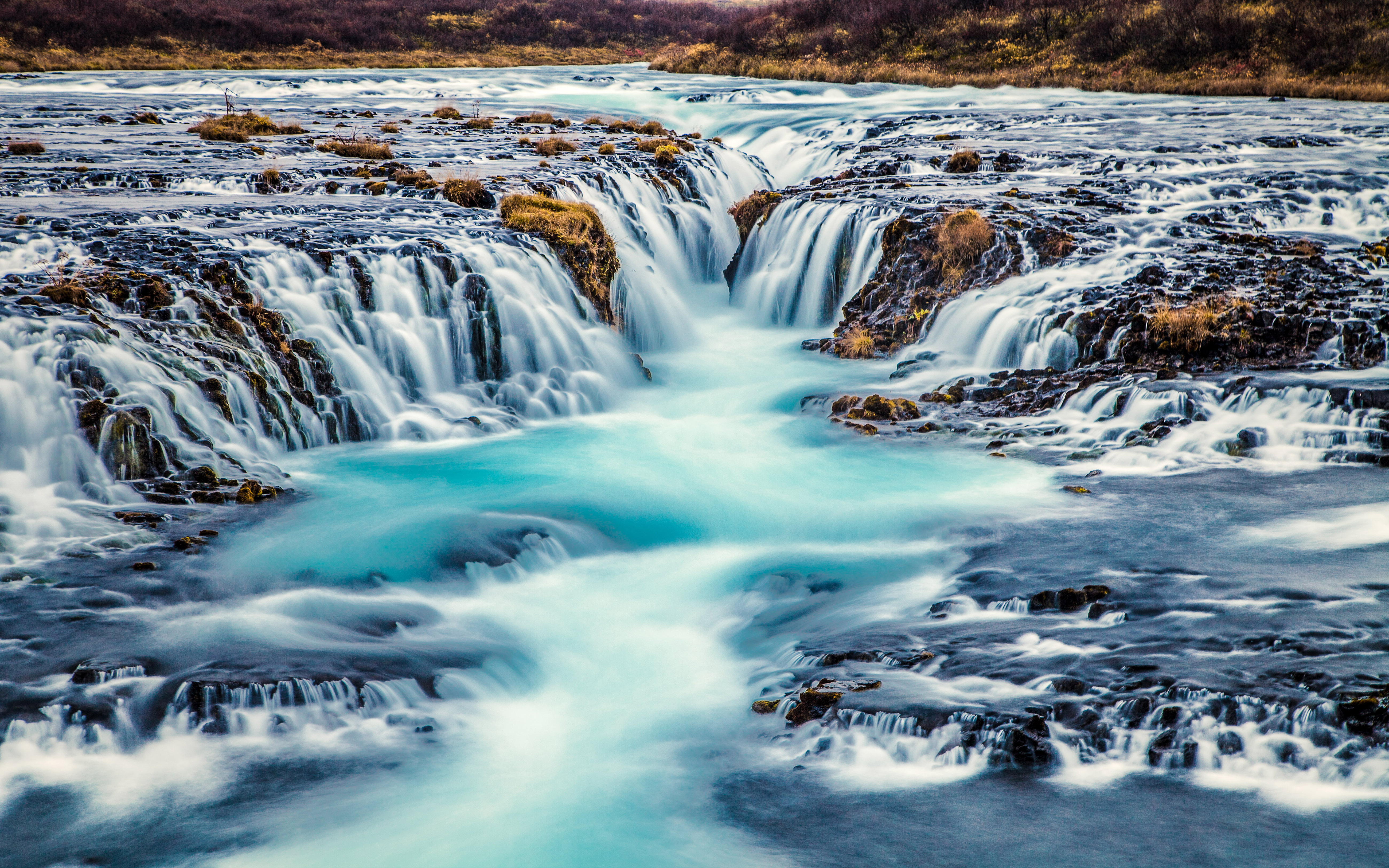 Bruarfoss Waterfall Turquoise Blue Water In Iceland Nature Landscape 4k 