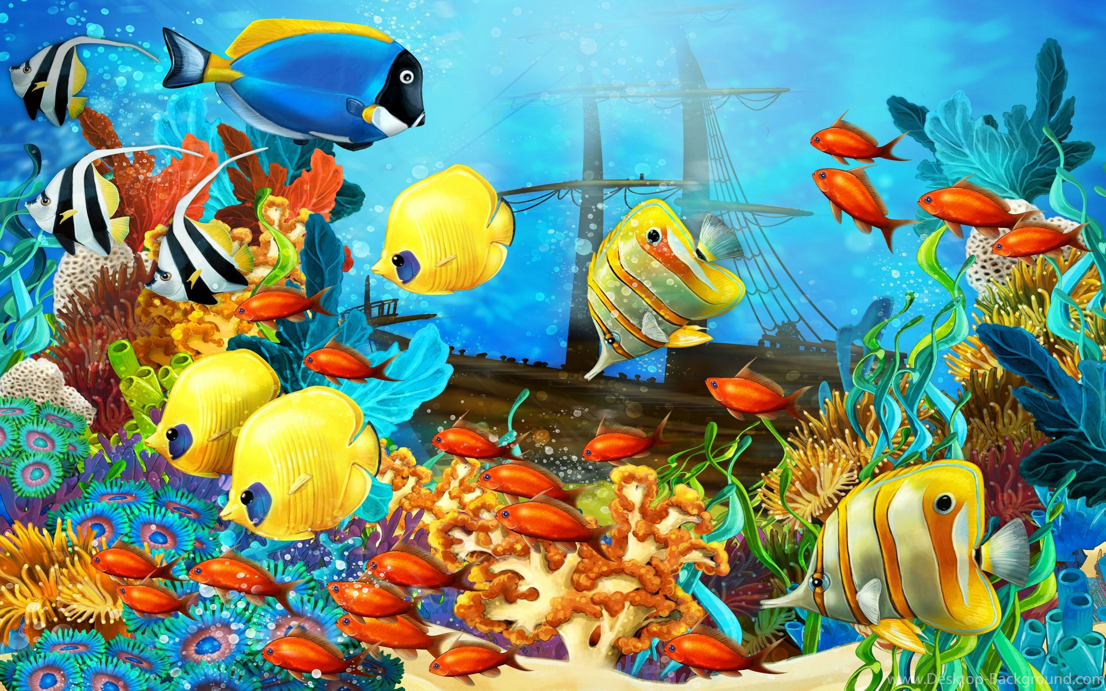 Colorful Fish Red Yellow Fish Corals Underwater Tropical Sea Ocean Sunken  Ship Art Background Hd For Pc Tablet And Mobile 3840x2400 : 
