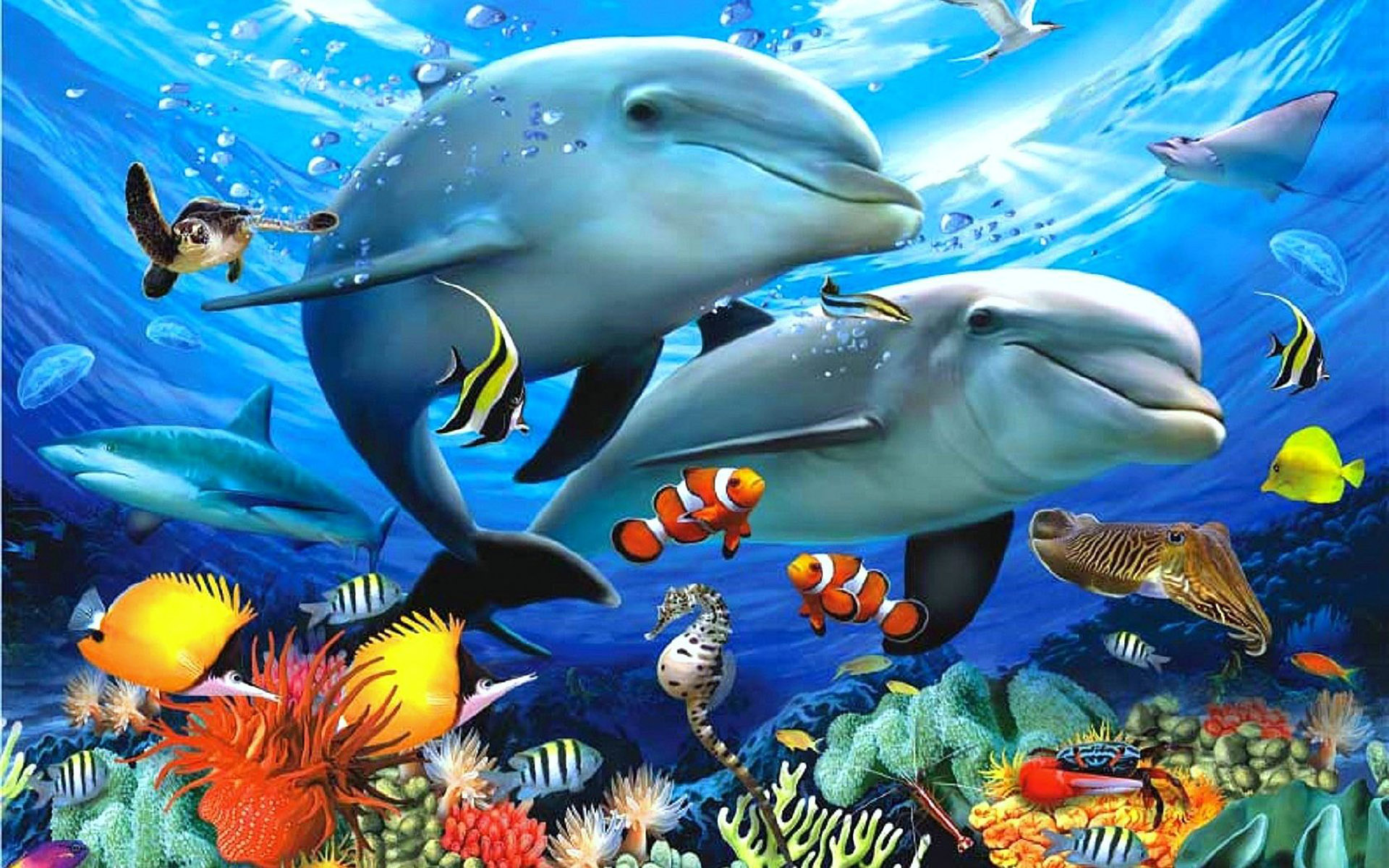 Ocean Sea Waves Underwater Animals Dolphins Exotic Colorful Fish Sip Corals  Underwater Landscape Paradise Art Paintings Marine Animals 1920x1200 :  