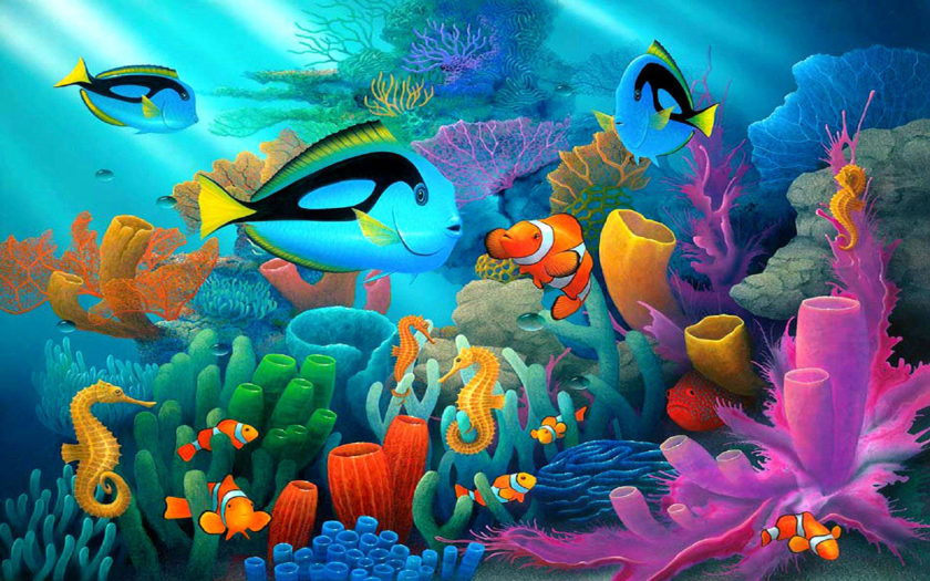 Underwater Animal World Coral Reef Coral In Various Colors Exotic Colorful  Fish Sea Horses Art Wallpaper Hd 1920x1200 : 