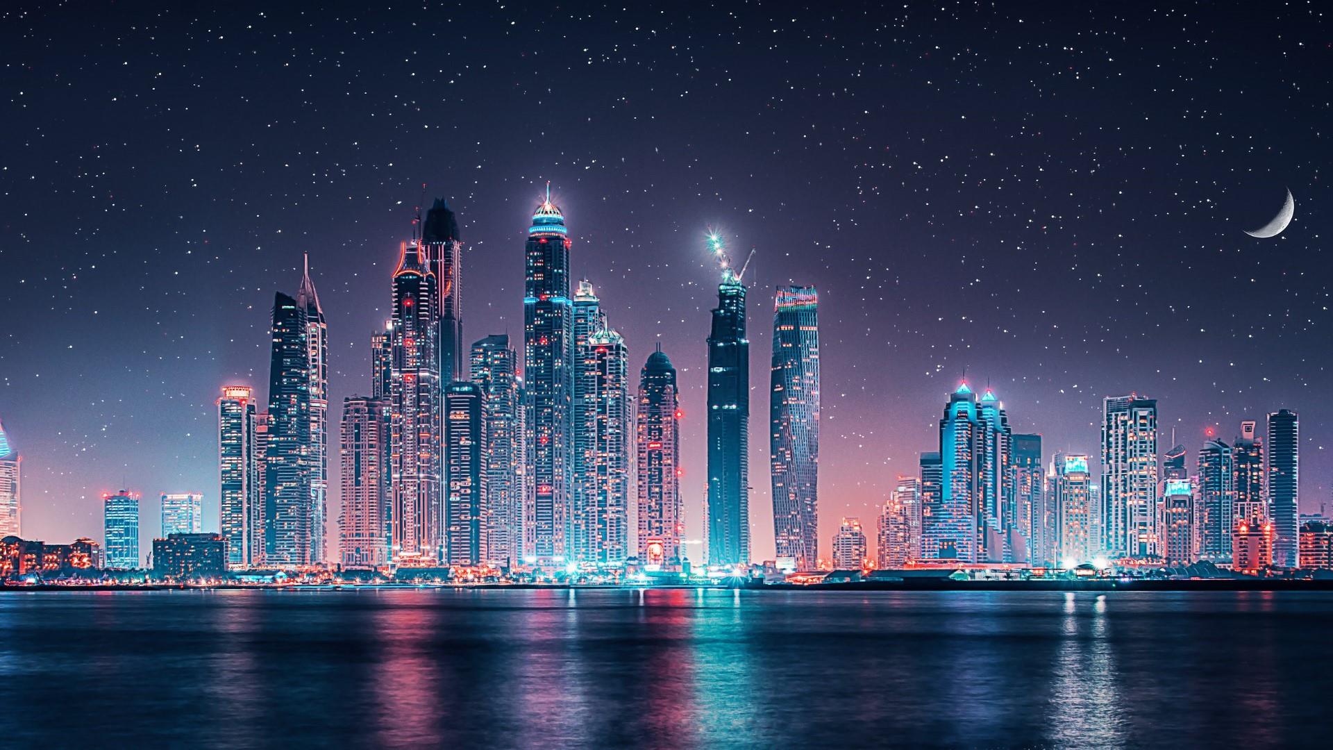 Dubai Skyline Starry Sky At Night Ultra Hd Wallpapers For Android Mobile  Phones Tablet And Laptop 1920x1080 : 