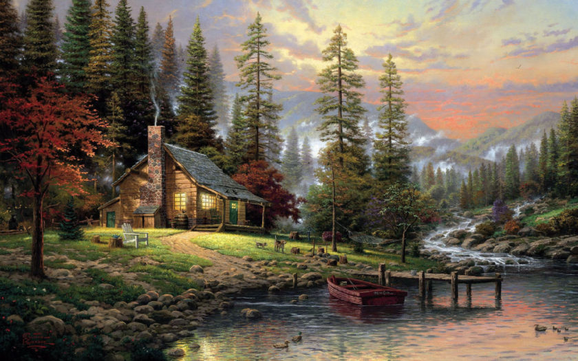 Life In Nature House Forest Trees Stream Lake Boat Painting Desktop  Wallpaper Hd 2880x1800 : 