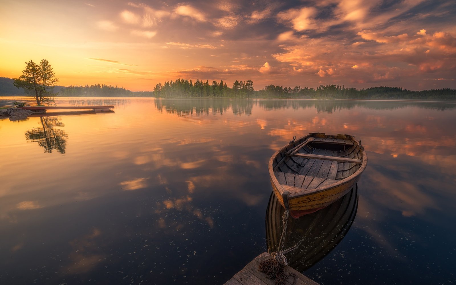 Sunset Reflection Boat In Peaceful Lake Lake Ringerike Norway Landscape