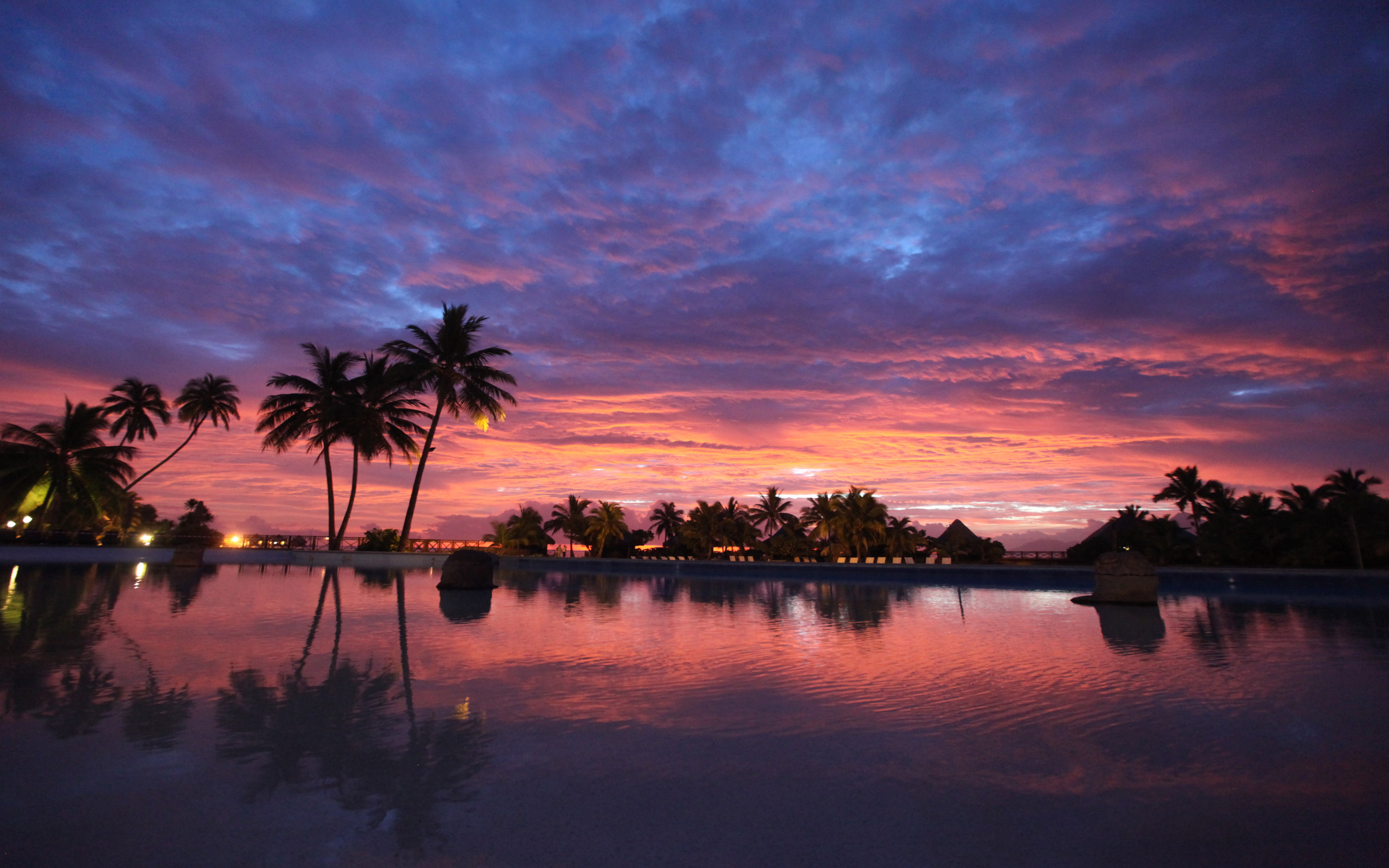 Bora Bora Beach French Polynesia Sunset Red Sky Sky Clouds Palm Trees