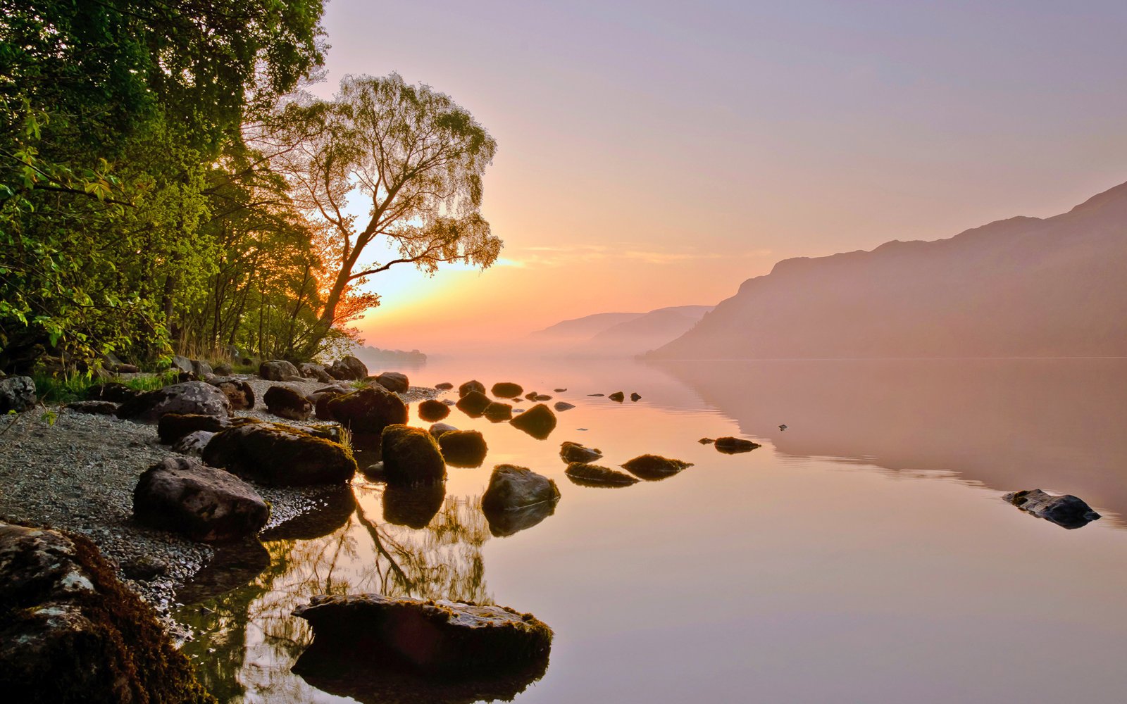 Yellow Sunset Twilight Lake Rocks Calm Water Tilted Tree Mountains 4k