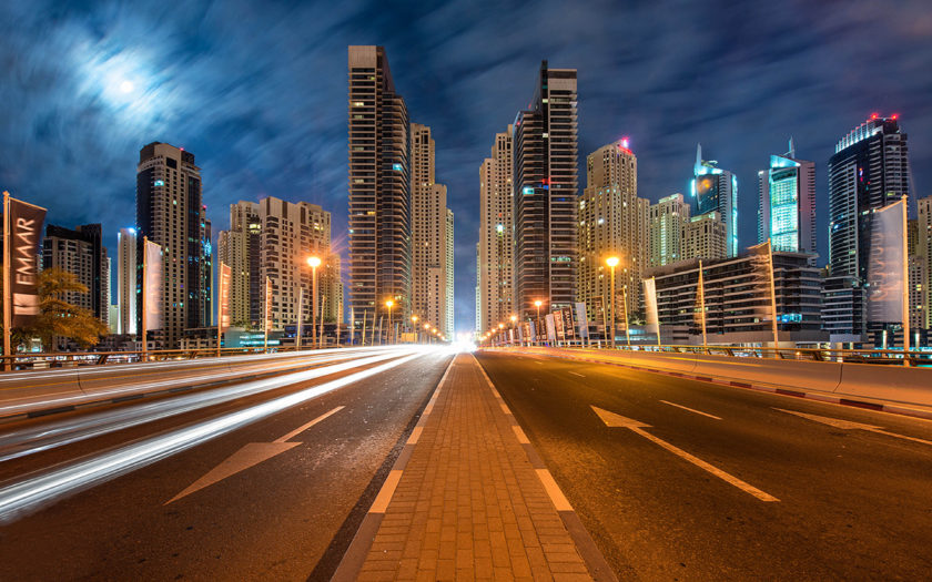 Dubai United Arab Emirates Cityscape With Illuminated Skyscrapers Highway  In The Night Hours Ultra Hd Wallpapers For Desktop Mobile Phones And Laptop  3840x2400 : 