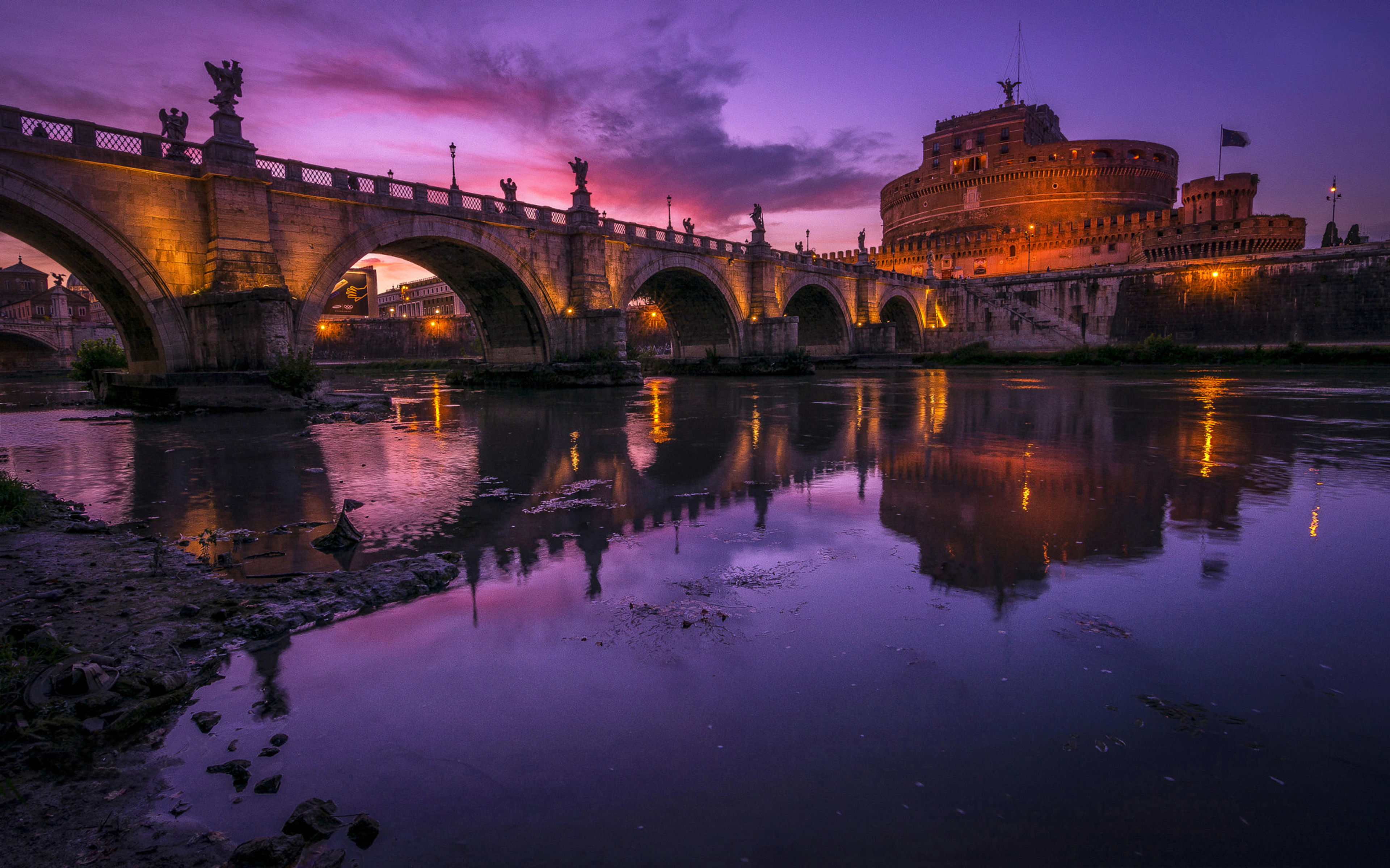 Bridge Sant Angelo And River Tiber And Castle Sant Angelo Mausoleum Of