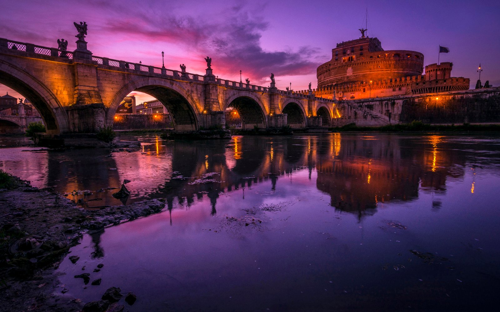 Bridge Sant Angelo And River Tiber And Castle Sant Angelo Mausoleum Of