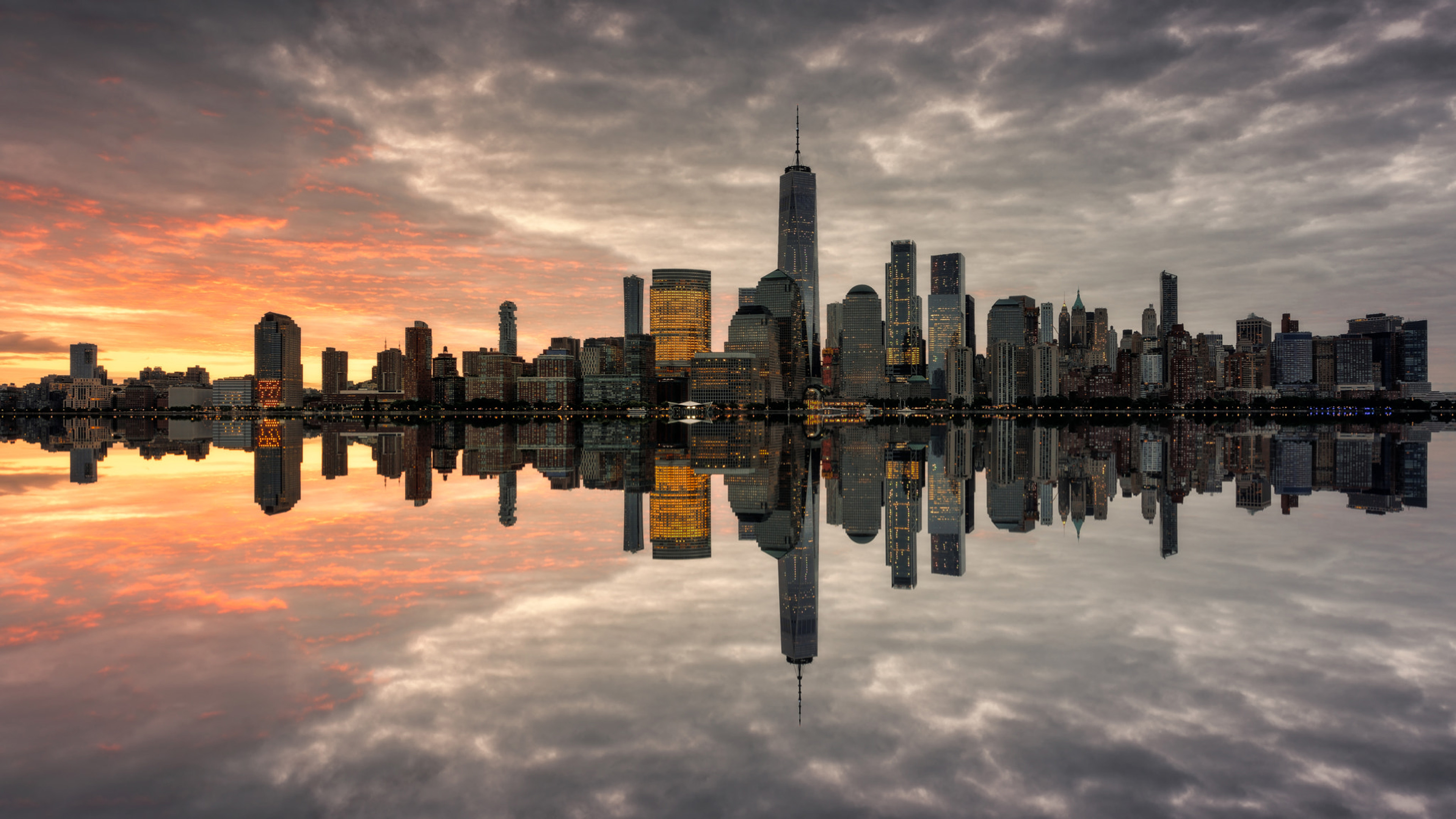 Manhattan Skyline The Most Populated New York City Sunnset Reflection In  The Water Miror Ultra Hd Wallpaper For Desktop Mobile Phones And Laptops  3840x2160 : 