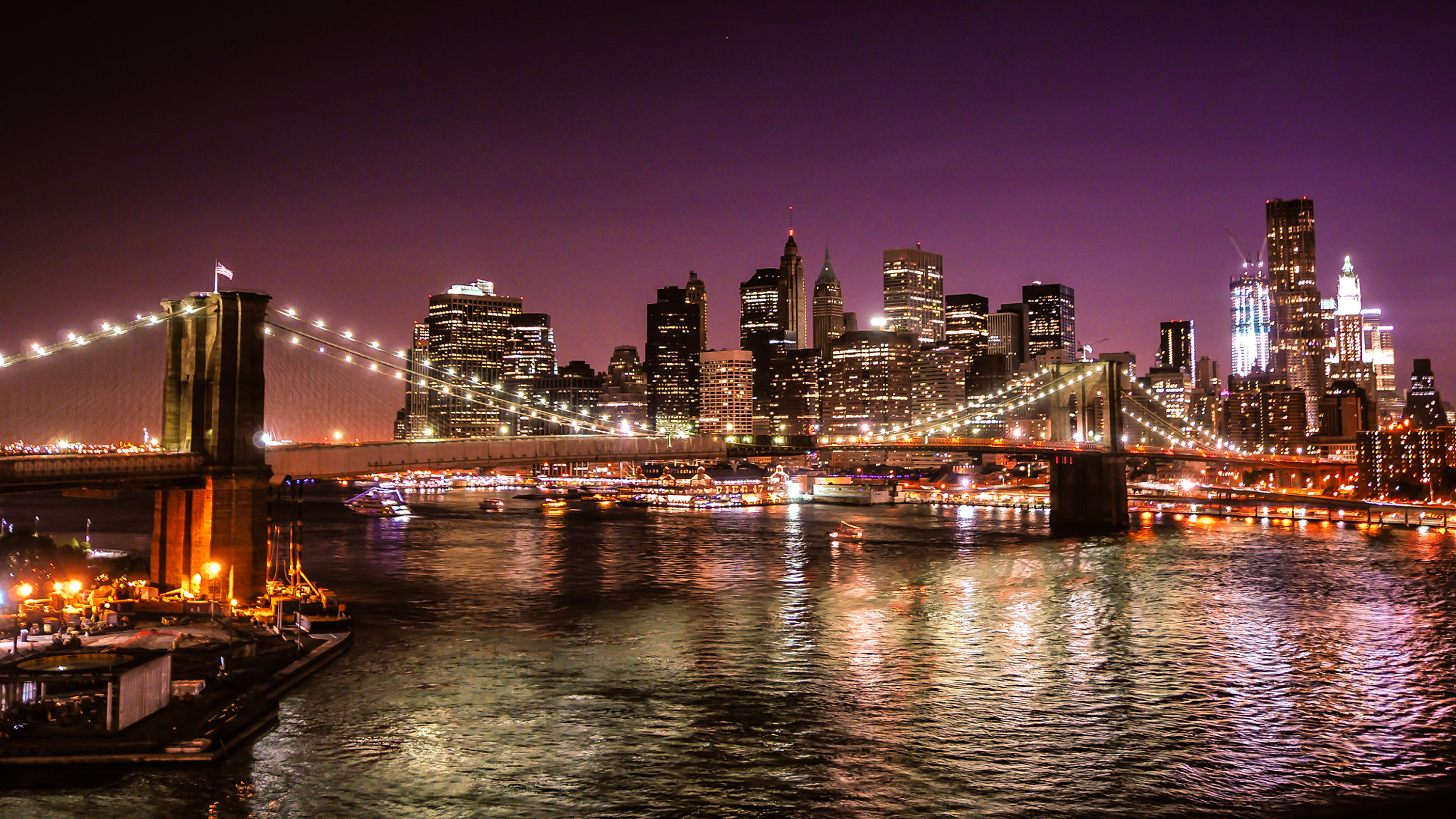 New York City United States Of America Night On The Brooklyn Bridge From Manhattan Bridge Ultra