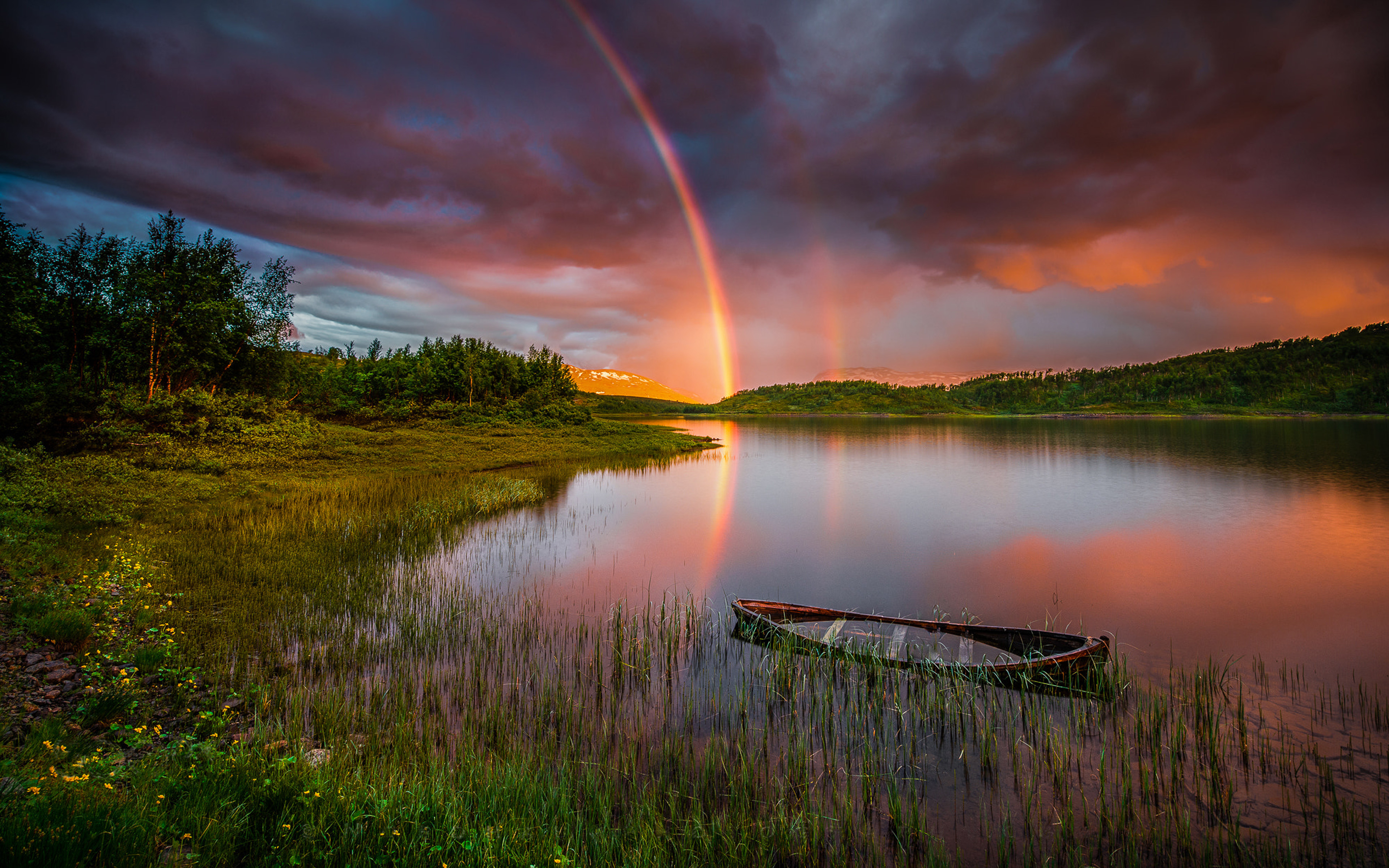 Sunset Rainbow After Rain Lake Boat Forest Trees Sky With Red Clouds  Landscape Hd Wallpaper Download For Desktop Mobile And Tablet 3840x2400 :  