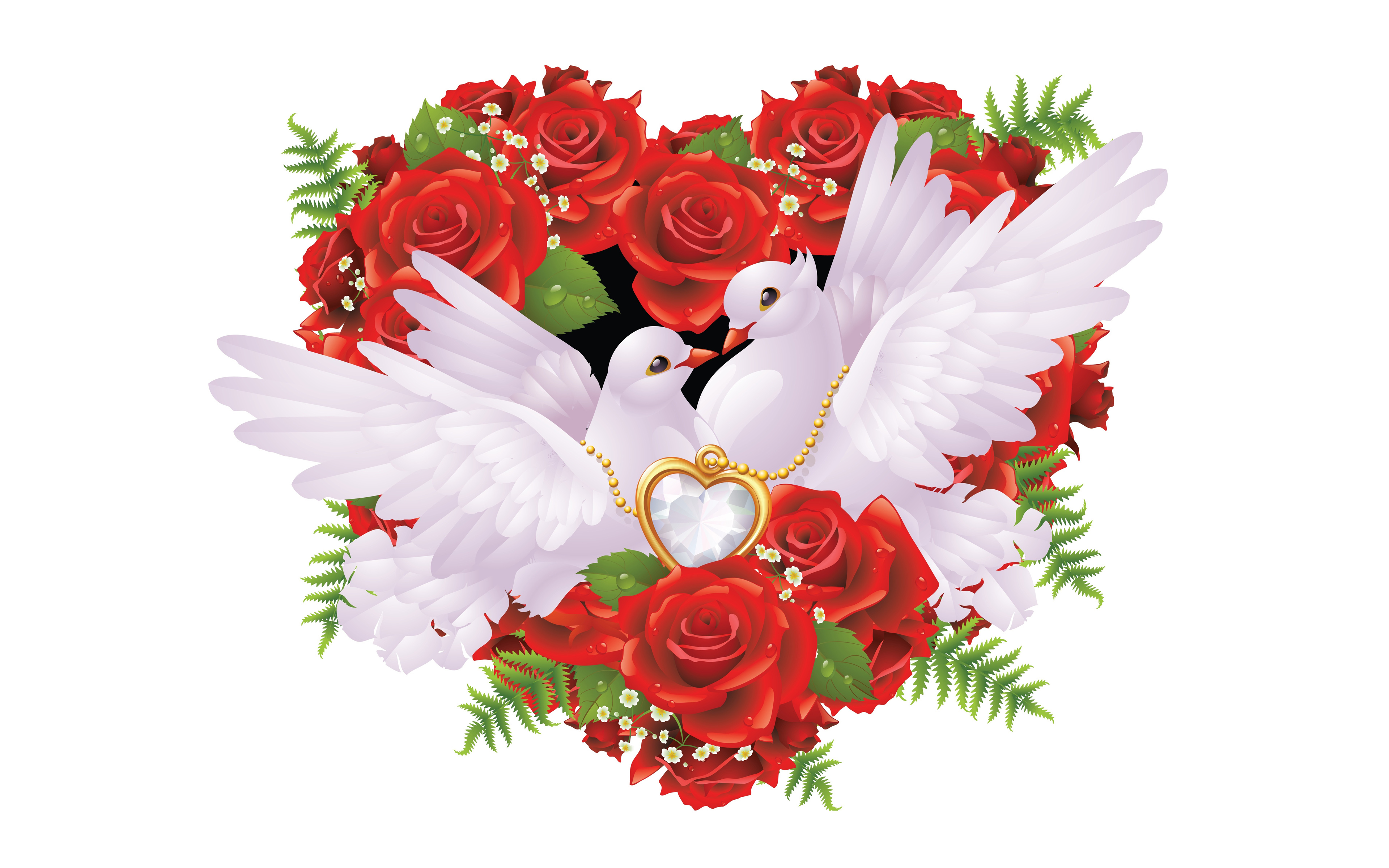 Heart From Red Roses Romantic Love On Pair White Pigeons Golden Jewelry  Heart And White Diamond Love Wallpaper Hd 3840x2400 : 