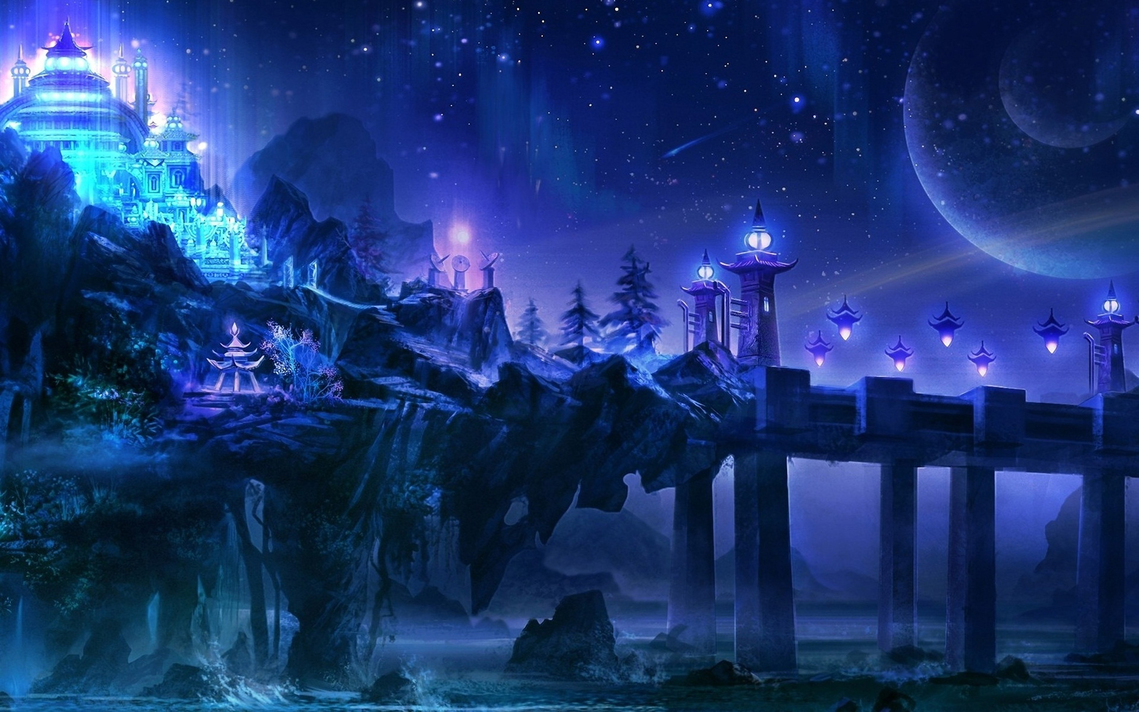 View In The Future Fantasy City Art Pictures Night Temple Lights Bridge  Rock Stones 4k Ultra Hd Wallpaper For Desktop Laptop Tablet Mobile Phones  And Tv 3840x2400 : 