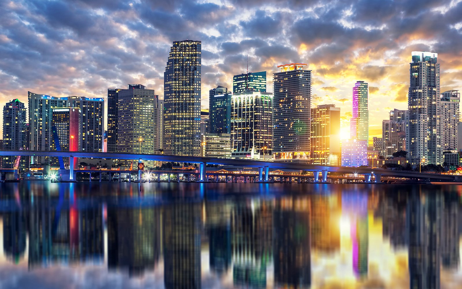 Miami At Sunset Buildings Reflection City In Florida Usa