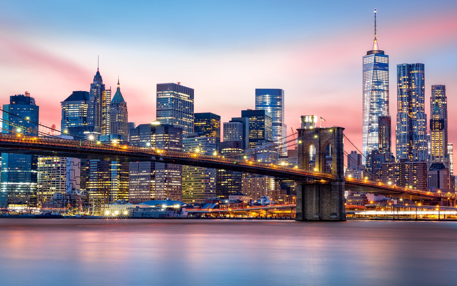 Manhattan Financial District And Brooklyn Bridge At Sunset Brooklyn