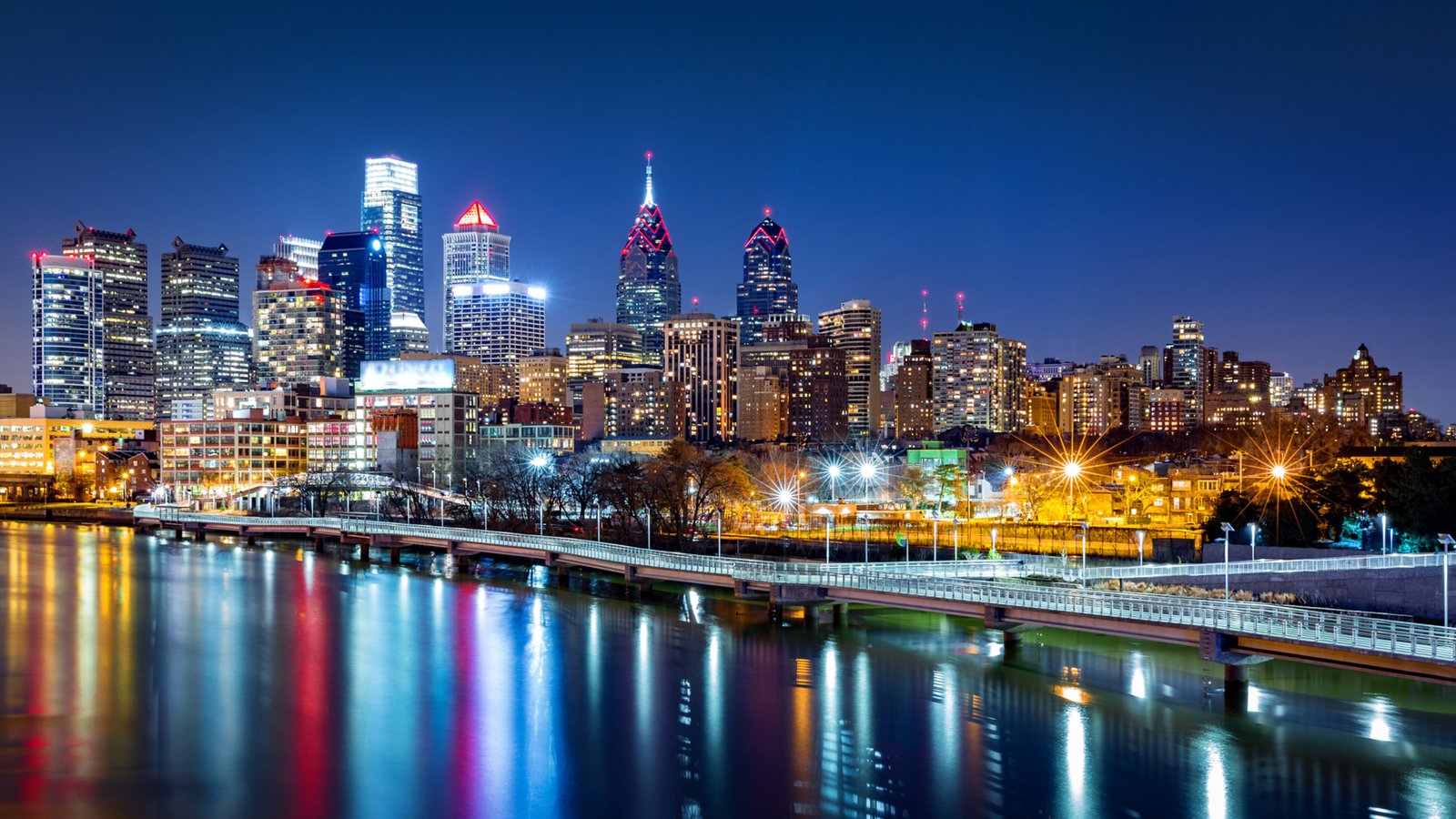 Philadelphia Cityscape Night Reflected In Schuylkill River City In