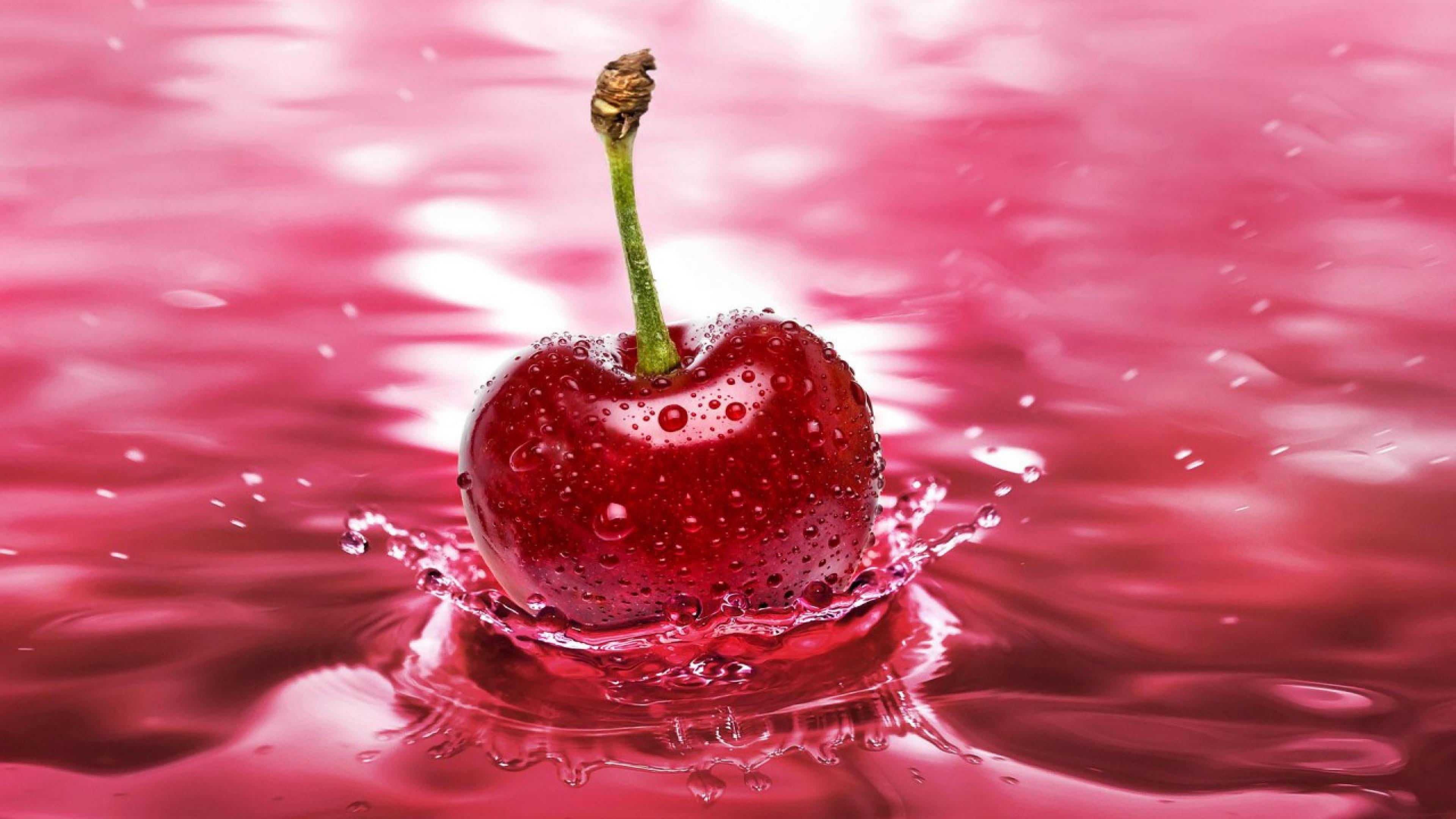 Red Cherry Water Drops Of Water Nature High Quality Wallpaper For Tablets  And Mobile Phones Free Download 3840x2160 : 