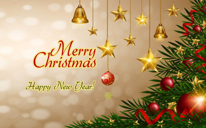 Happy New Year Christmas Background With Golden Stars And Bells Vector :  