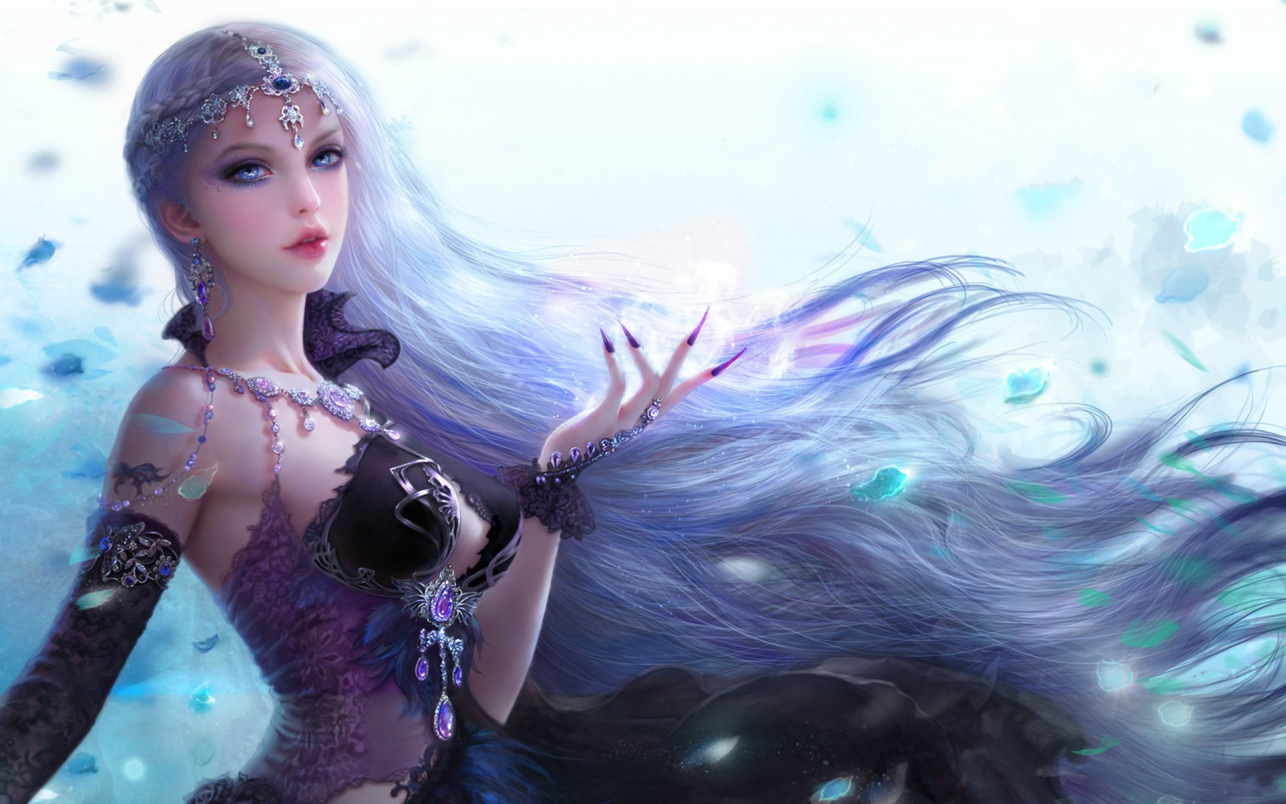 Beautiful Girl Princess Blue Long Hair Eyes Jewelery Fantasy Art Wallpaper  : 