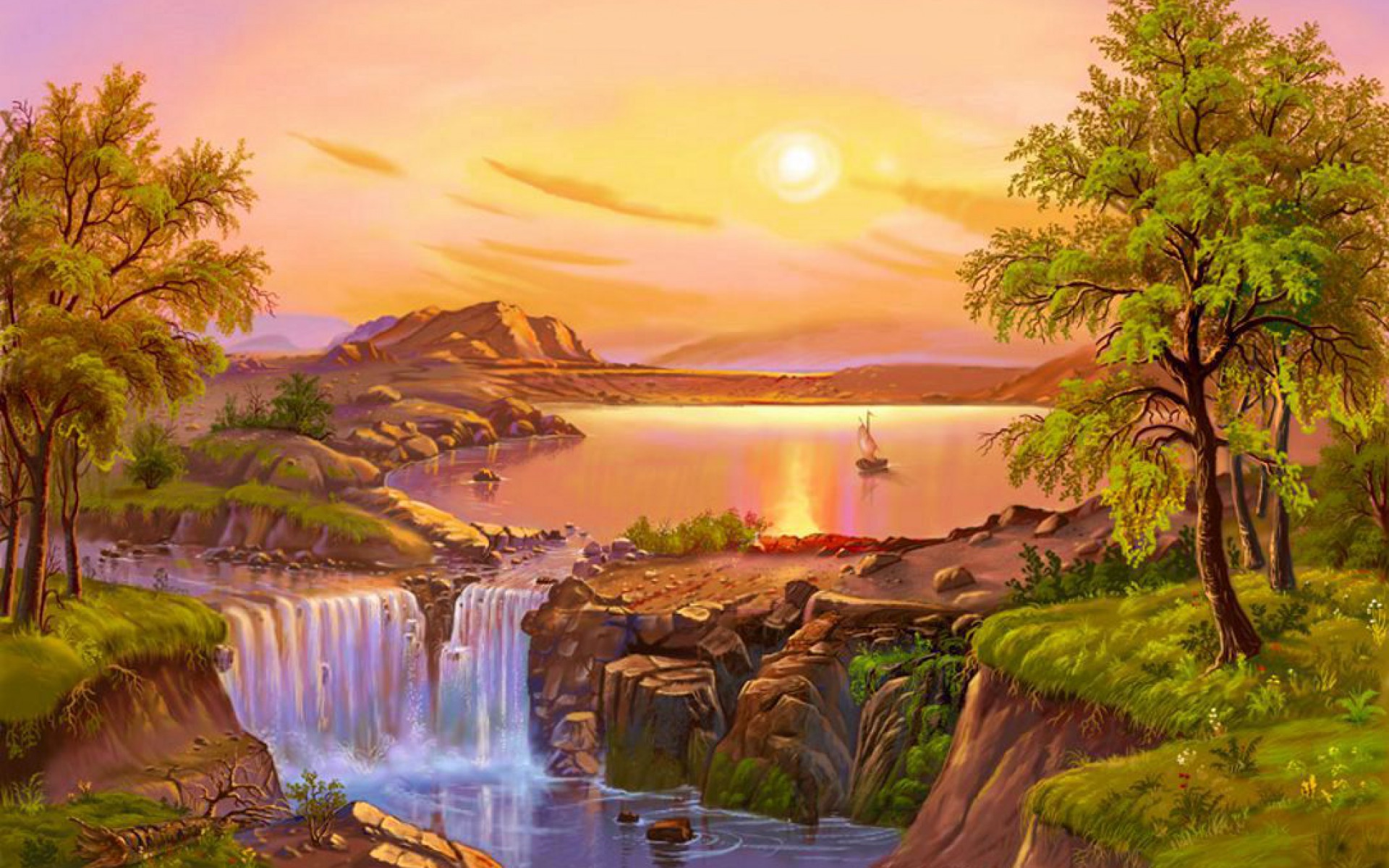 Beautiful Landscape Summer Painting River Lake Waterfall Art Images ...

