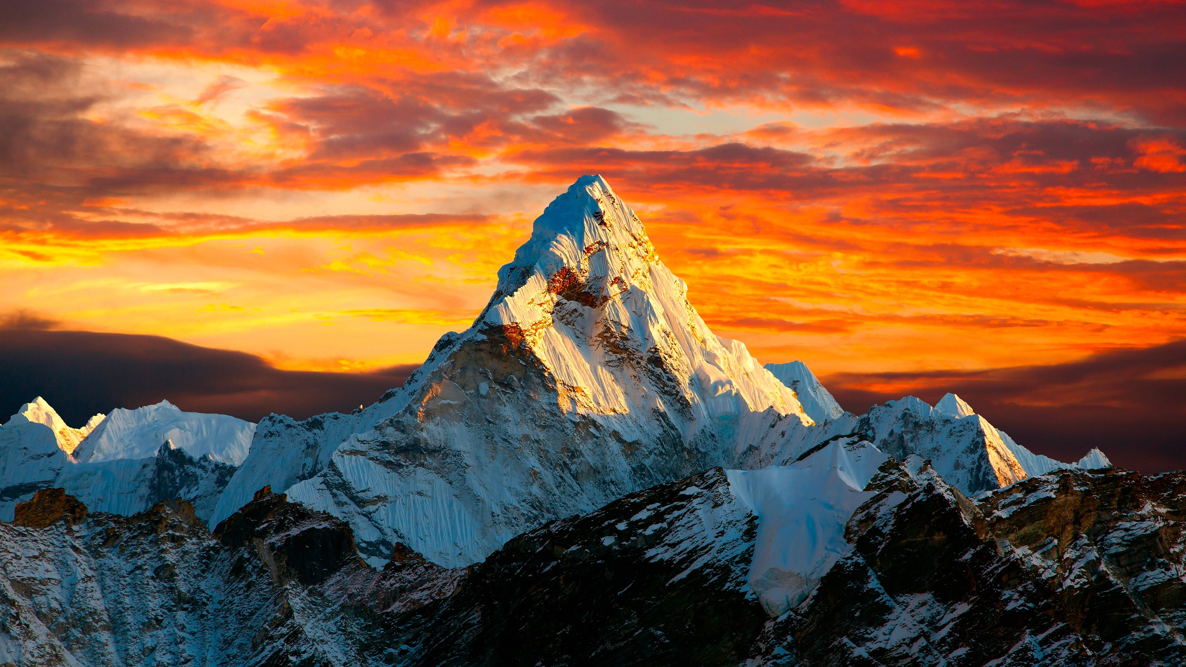 Sunset In Himalayan Mountain Mount Everest Between Nepal