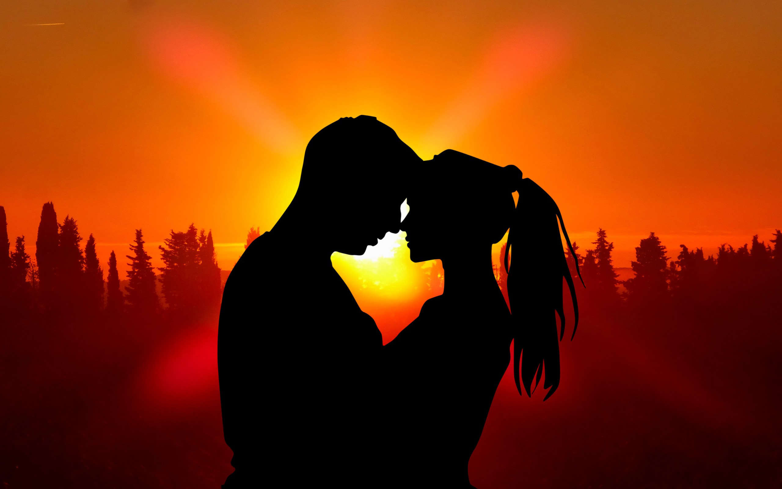 Sunset Love Couple Boy An Girl Silhouette Red Sky Wallpaper Hd :  