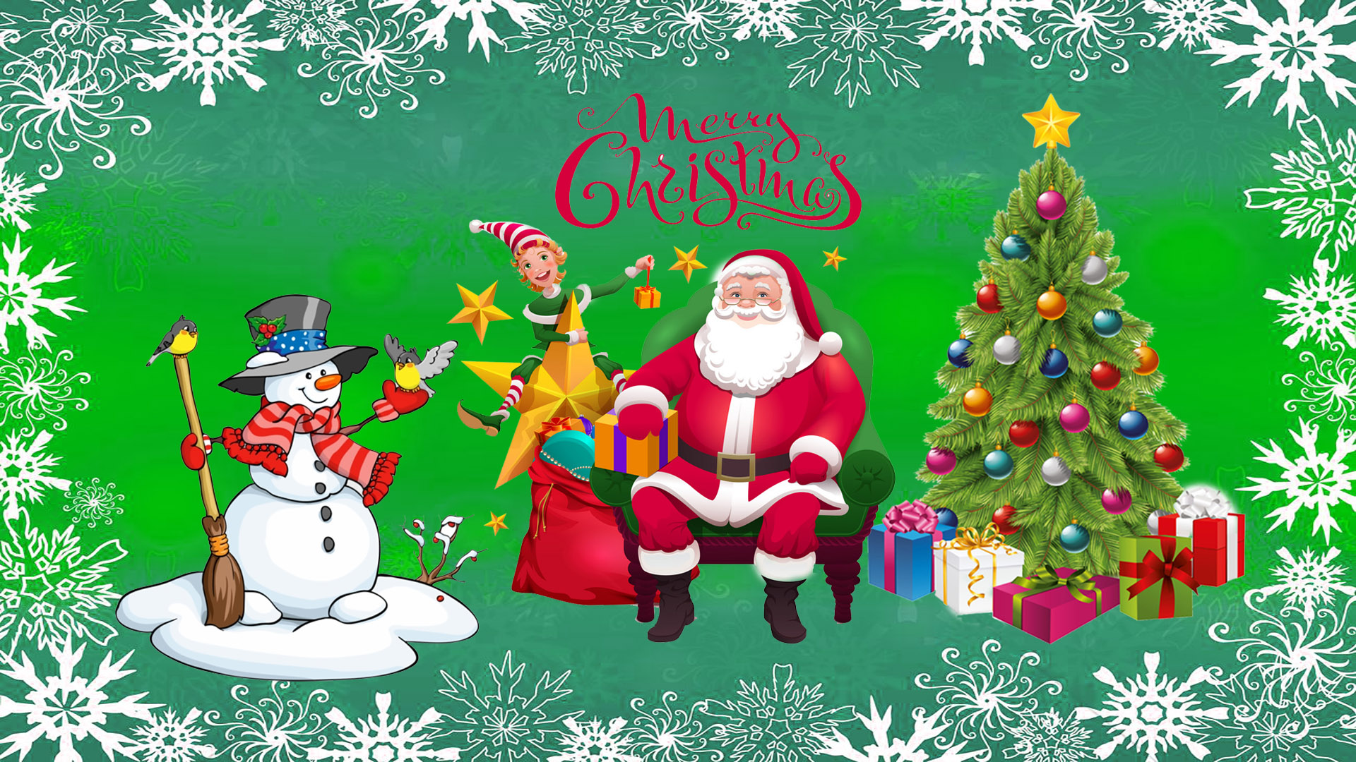 Merry Christmas Santa With Gift Christmas Tree With Decorations Snowman Wallpaper Hd