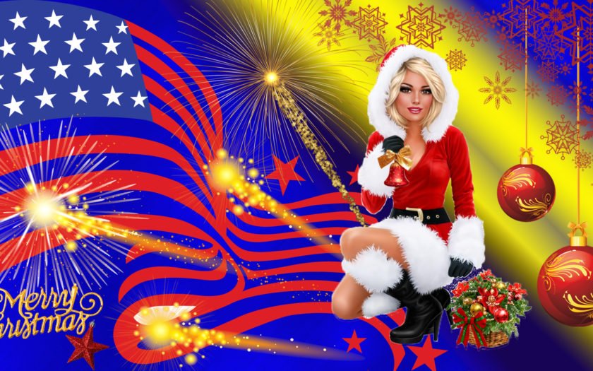 Merry Christmas Usa Flag Girl Fireworks Celebration Christmas