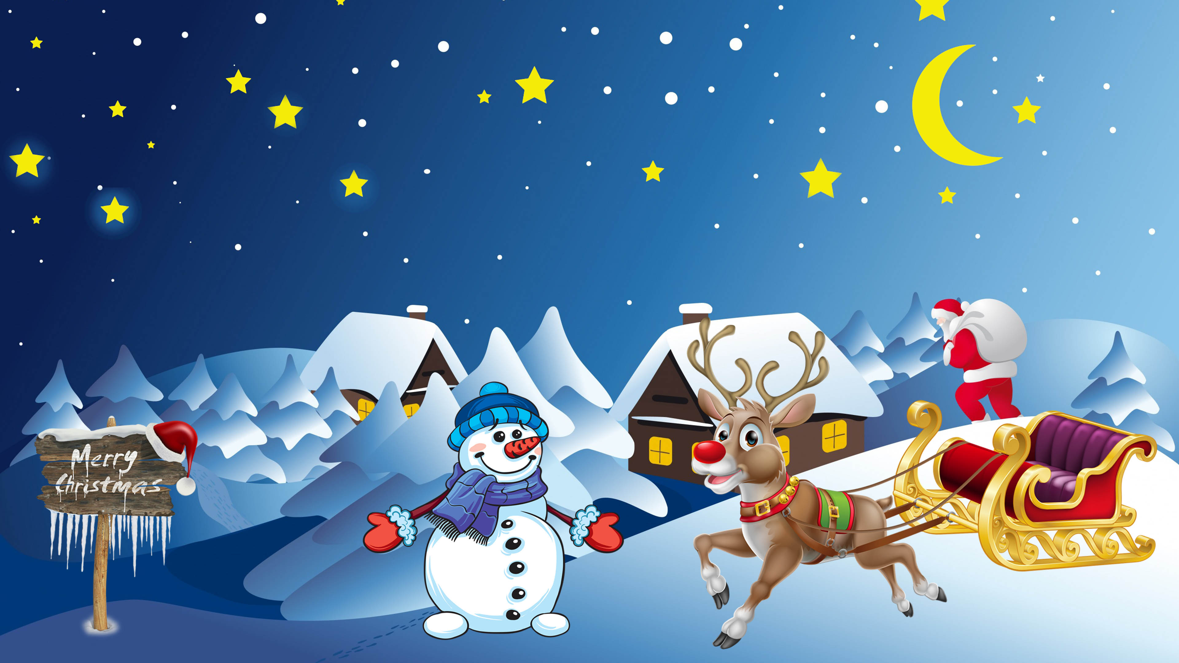 Winter Christmas Night Santa Sleigh With Reindeer And Snow Christmas  Background : 